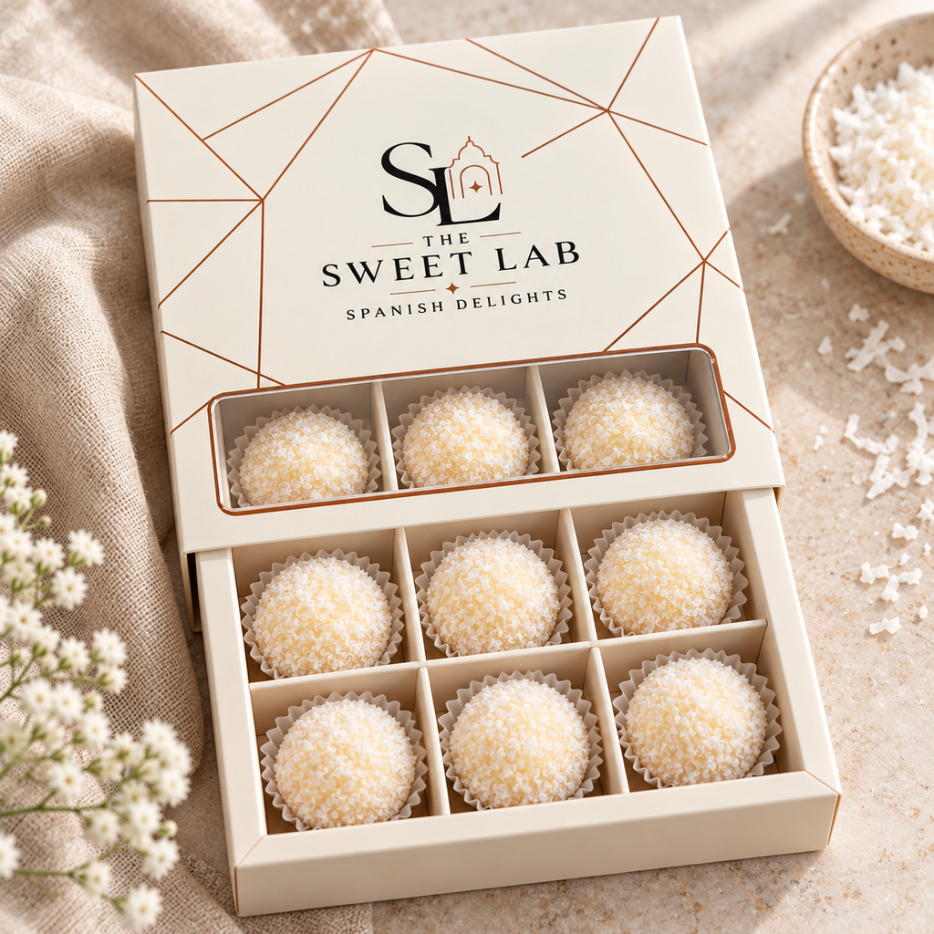 CocoBites Coconut: nine coconut bites in The Sweet Lab box with front window and bottom sliding tray