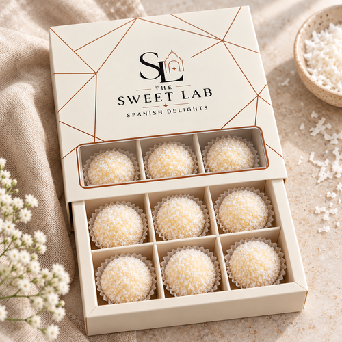 CocoBites Coconut: nine coconut bites in The Sweet Lab box with front window and bottom sliding tray