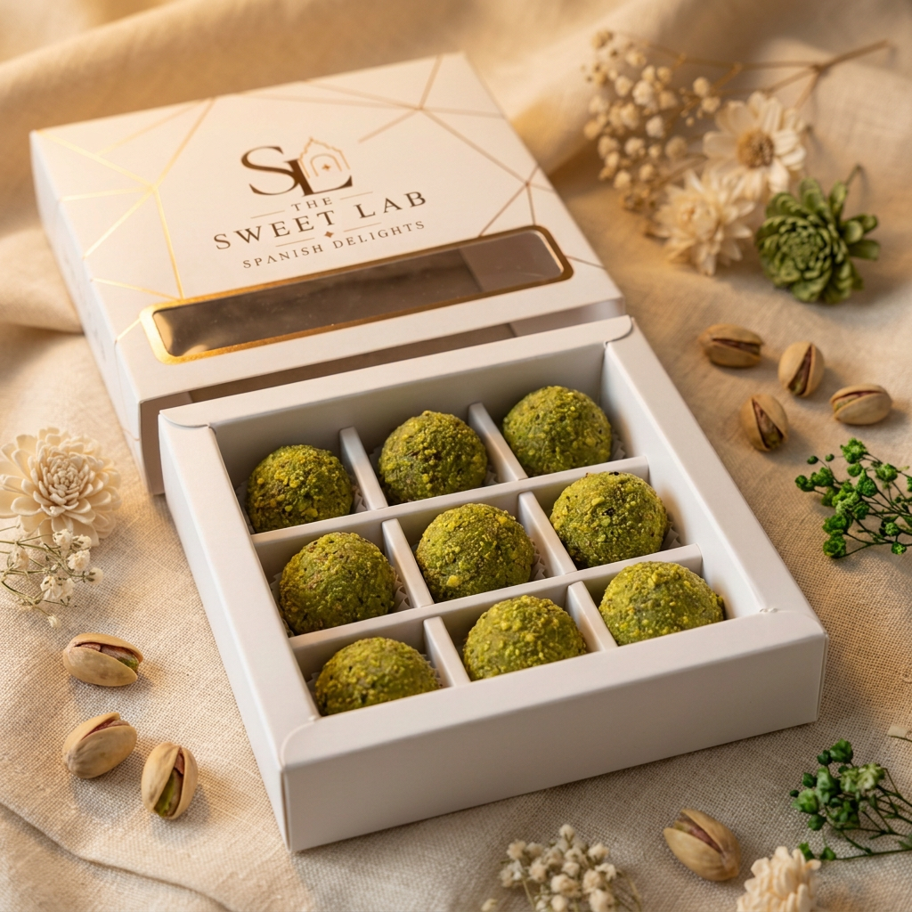 Pistachio CocoBites gift box on warm beige background